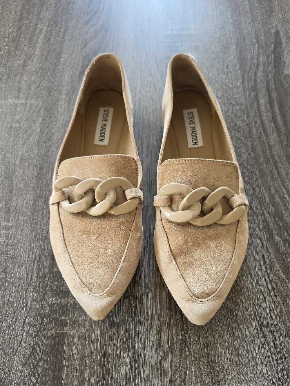 Steve Madden Beige Suede Pointed Loafers with Chain Accent